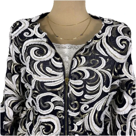 CHICO'S Travelers Scrolled Bomber Jacket Small Front Zip 3/4 Sleeve - Picture 6 of 15